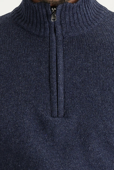 Havacı Mavi Yarım Balıkçı Yaka Slim Fit Dar Kesim Fermuarlı Yünlü Triko Kazak