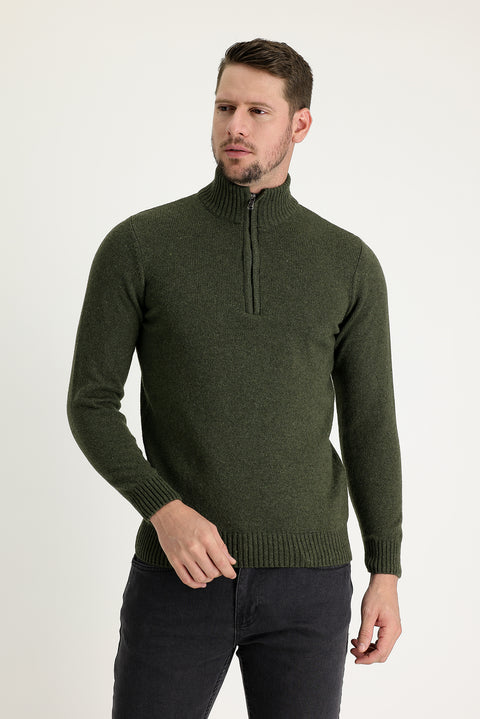 Orta Haki Yarım Balıkçı Yaka Slim Fit Dar Kesim Fermuarlı Yünlü Triko Kazak