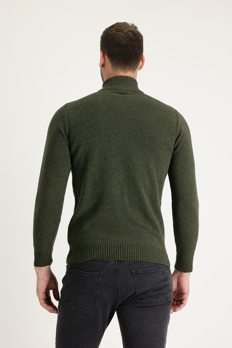 Orta Haki Yarım Balıkçı Yaka Slim Fit Dar Kesim Fermuarlı Yünlü Triko Kazak