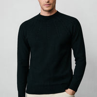 Black Semi-Turtleneck Slim Fit Patterned Seamless Knit Sweater