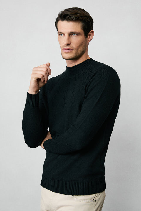 Black Semi-Turtleneck Slim Fit Patterned Seamless Knit Sweater