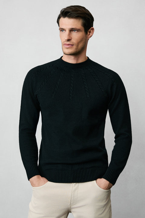 Black Semi-Turtleneck Slim Fit Patterned Seamless Knit Sweater