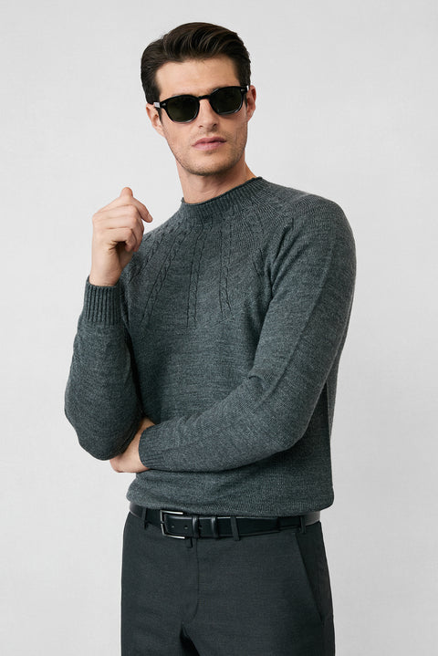 Medium Gray Semi-Turtleneck Slim Fit Patterned Seamless Knit Sweater