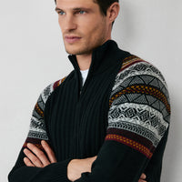 Black Semi-Turtleneck Zip-Up Slim Fit Patterned Knit Sweater
