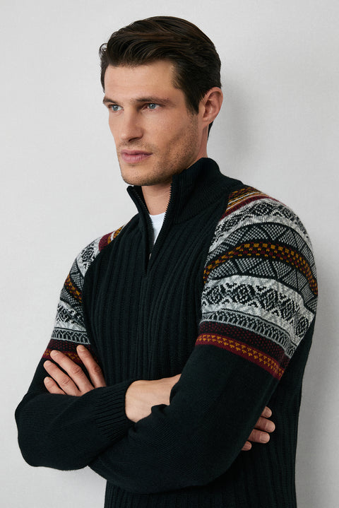 Black Semi-Turtleneck Zip-Up Slim Fit Patterned Knit Sweater