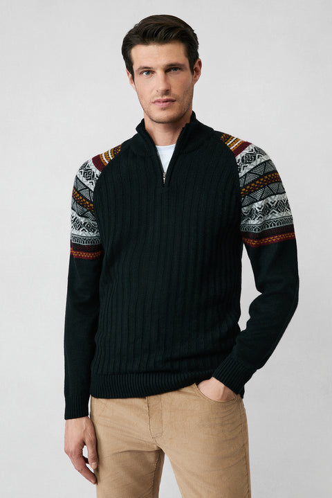 Black Semi-Turtleneck Zip-Up Slim Fit Patterned Knit Sweater