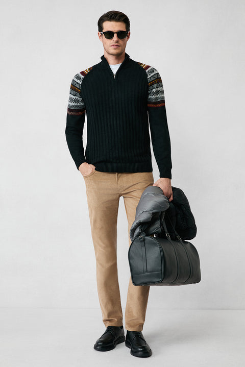 Black Semi-Turtleneck Zip-Up Slim Fit Patterned Knit Sweater