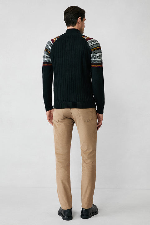 Black Semi-Turtleneck Zip-Up Slim Fit Patterned Knit Sweater