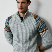 Medium Grey Melange Half Turtleneck Zip-Up Slim Fit Patterned Knit Sweater
