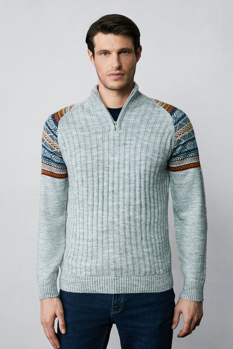 Medium Grey Melange Half Turtleneck Zip-Up Slim Fit Patterned Knit Sweater