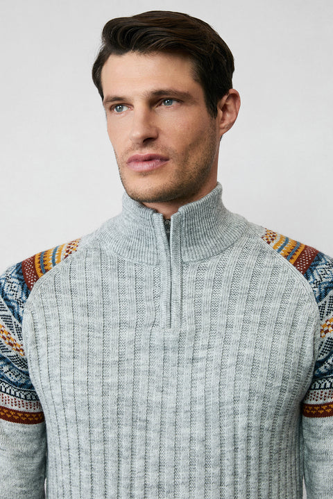 Medium Grey Melange Half Turtleneck Zip-Up Slim Fit Patterned Knit Sweater