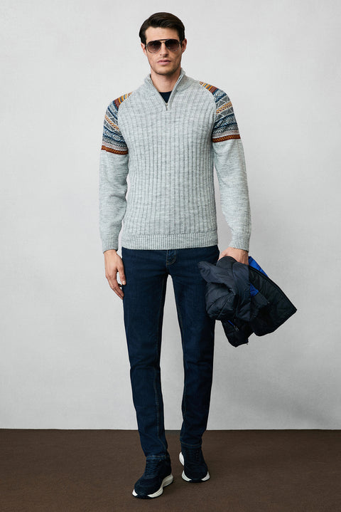 Medium Grey Melange Half Turtleneck Zip-Up Slim Fit Patterned Knit Sweater