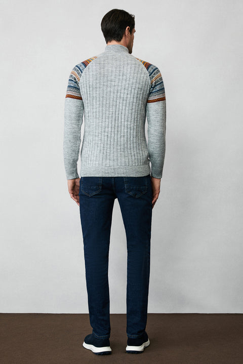 Medium Grey Melange Half Turtleneck Zip-Up Slim Fit Patterned Knit Sweater