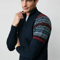 Dark Navy Semi-Turtleneck Zip-Up Slim Fit Patterned Knit Sweater