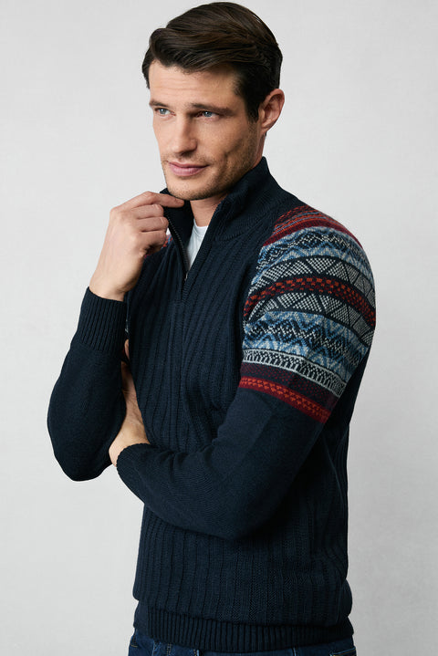 Dark Navy Semi-Turtleneck Zip-Up Slim Fit Patterned Knit Sweater
