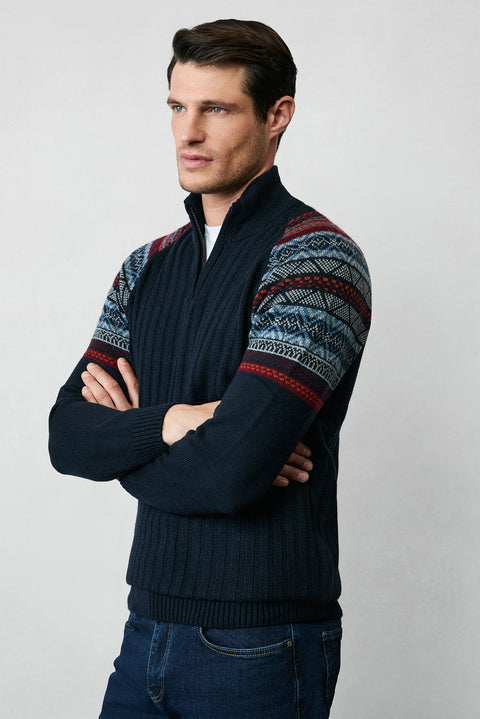 Dark Navy Semi-Turtleneck Zip-Up Slim Fit Patterned Knit Sweater