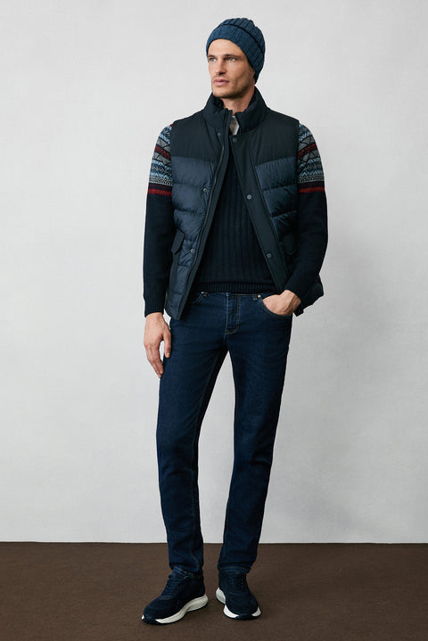Dark Navy Semi-Turtleneck Zip-Up Slim Fit Patterned Knit Sweater