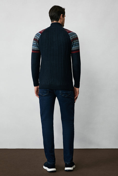 Dark Navy Semi-Turtleneck Zip-Up Slim Fit Patterned Knit Sweater