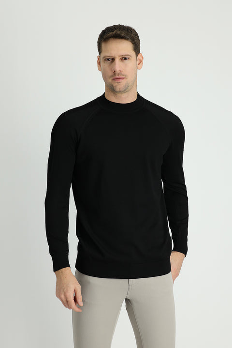 Black Semi-Turtleneck Slim Fit Narrow Cut Patterned Knit Sweater