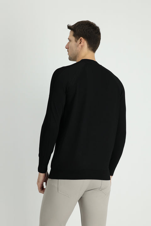 Black Semi-Turtleneck Slim Fit Narrow Cut Patterned Knit Sweater