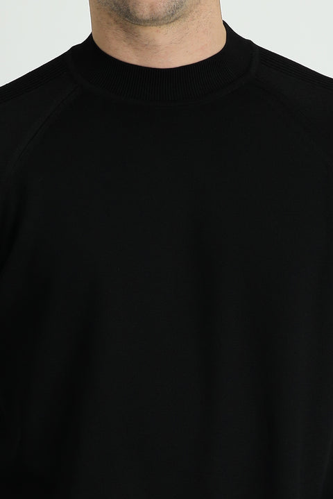 Black Semi-Turtleneck Slim Fit Narrow Cut Patterned Knit Sweater