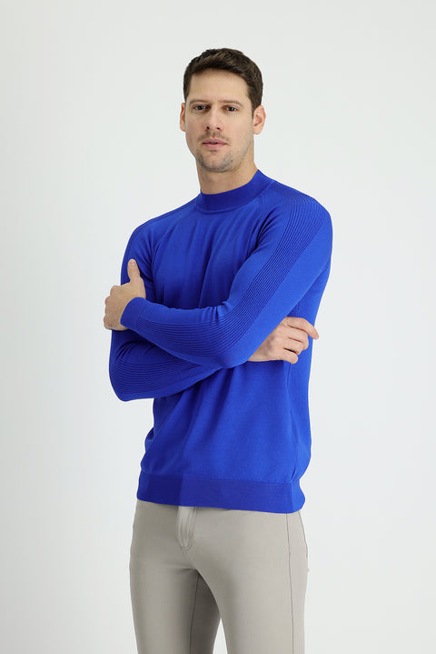 Navy Blue Semi-Turtleneck Slim Fit Narrow Cut Patterned Knit Sweater