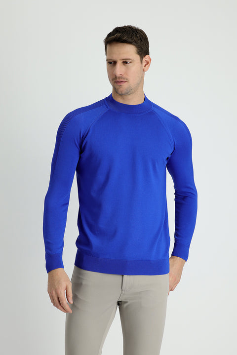 Navy Blue Semi-Turtleneck Slim Fit Narrow Cut Patterned Knit Sweater