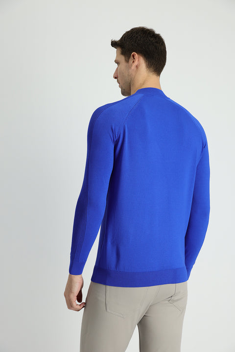 Navy Blue Semi-Turtleneck Slim Fit Narrow Cut Patterned Knit Sweater
