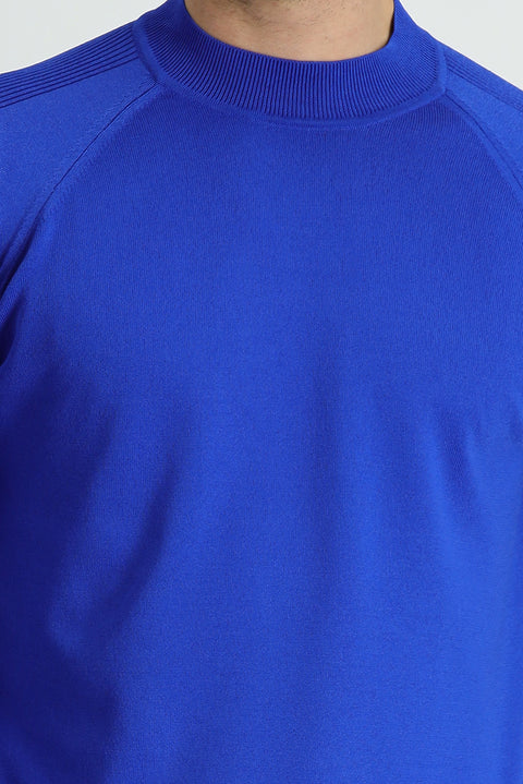 Navy Blue Semi-Turtleneck Slim Fit Narrow Cut Patterned Knit Sweater