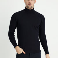 Dark Navy Turtleneck Slim Fit Narrow Cut Patterned Cotton Knit Sweater