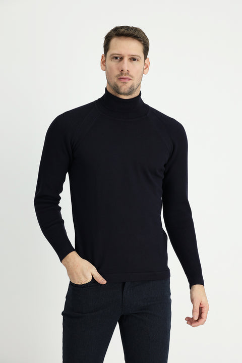 Dark Navy Turtleneck Slim Fit Narrow Cut Patterned Cotton Knit Sweater