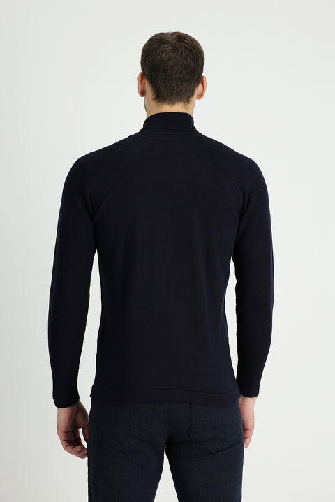 Dark Navy Turtleneck Slim Fit Narrow Cut Patterned Cotton Knit Sweater