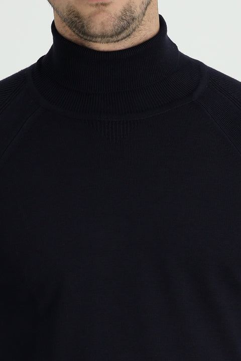 Dark Navy Turtleneck Slim Fit Narrow Cut Patterned Cotton Knit Sweater