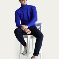Navy Blue Turtleneck Slim Fit Narrow Cut Patterned Cotton Knit Sweater