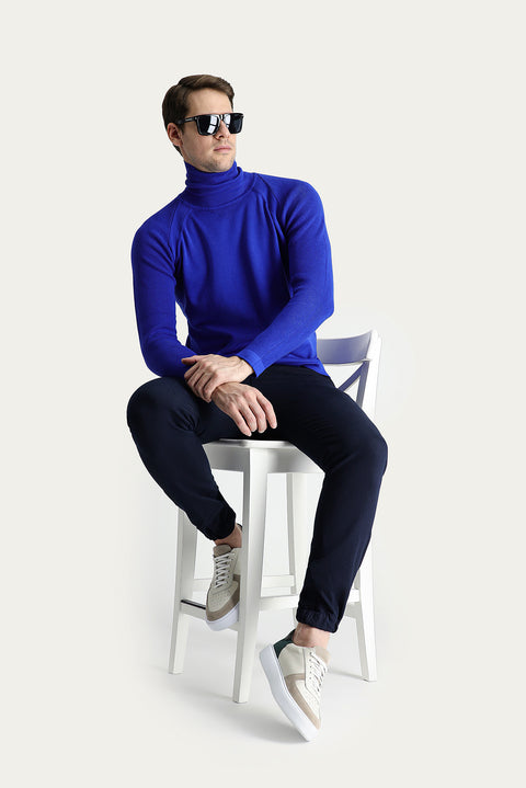 Navy Blue Turtleneck Slim Fit Narrow Cut Patterned Cotton Knit Sweater