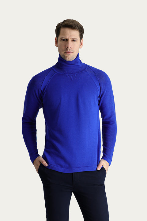 Navy Blue Turtleneck Slim Fit Narrow Cut Patterned Cotton Knit Sweater