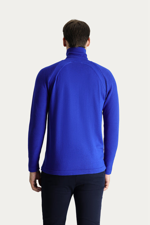 Navy Blue Turtleneck Slim Fit Narrow Cut Patterned Cotton Knit Sweater
