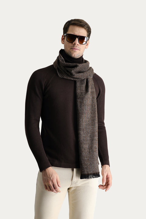 Dark Brown Turtleneck Slim Fit Narrow Cut Patterned Cotton Knit Sweater