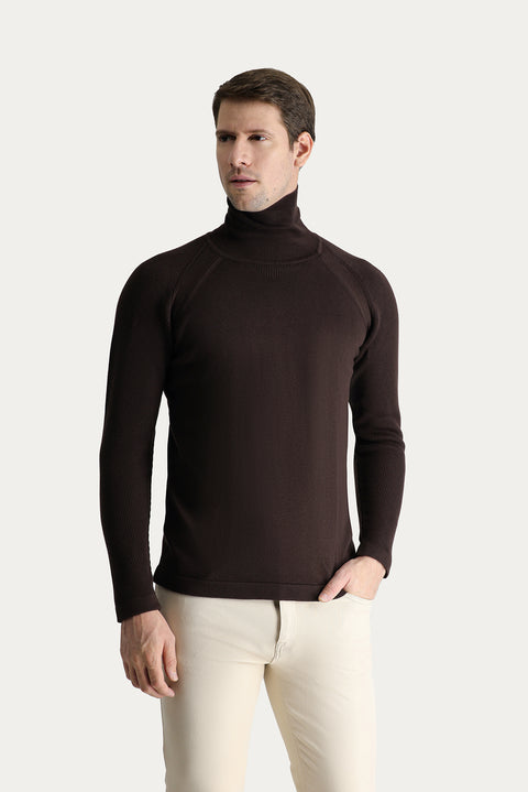 Dark Brown Turtleneck Slim Fit Narrow Cut Patterned Cotton Knit Sweater