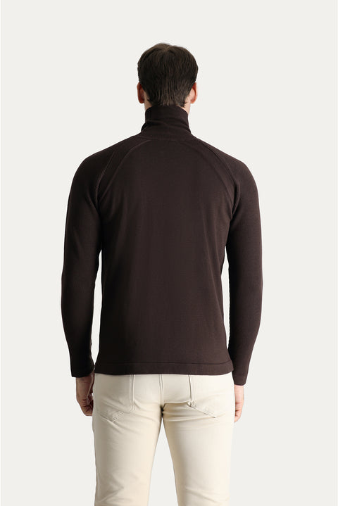 Dark Brown Turtleneck Slim Fit Narrow Cut Patterned Cotton Knit Sweater