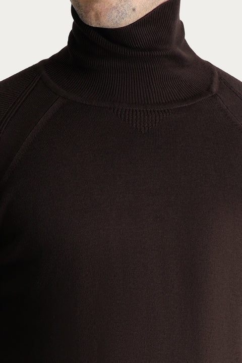 Dark Brown Turtleneck Slim Fit Narrow Cut Patterned Cotton Knit Sweater