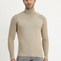 Medium Beige Turtleneck Slim Fit Narrow Cut Patterned Cotton Knit Sweater