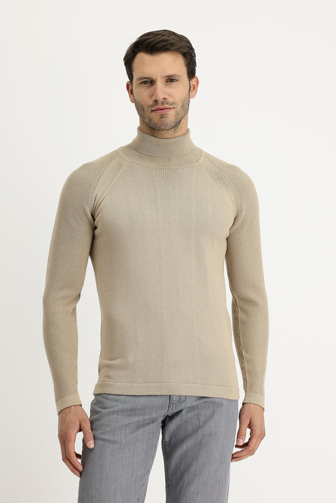 Medium Beige Turtleneck Slim Fit Narrow Cut Patterned Cotton Knit Sweater