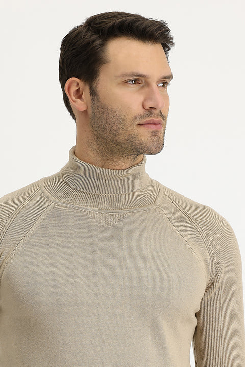 Medium Beige Turtleneck Slim Fit Narrow Cut Patterned Cotton Knit Sweater