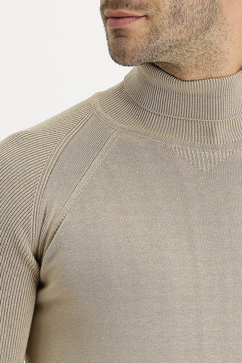 Medium Beige Turtleneck Slim Fit Narrow Cut Patterned Cotton Knit Sweater