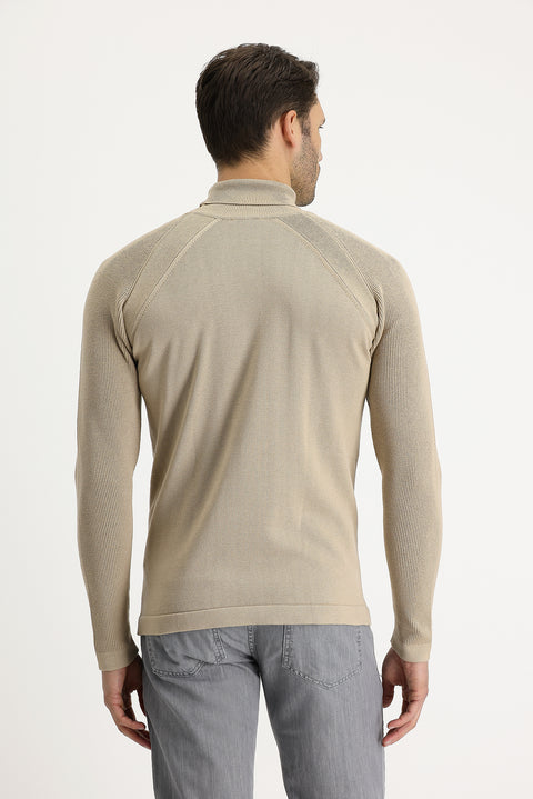 Medium Beige Turtleneck Slim Fit Narrow Cut Patterned Cotton Knit Sweater
