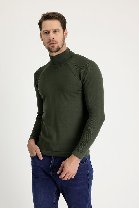 Açık Haki Balıkçı Yaka Slim Fit Dar Kesim Desenli Pamuklu Triko Kazak