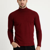 Light Burgundy Turtleneck Slim Fit Narrow Cut Patterned Cotton Knit Sweater