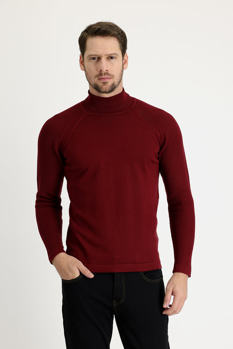 Light Burgundy Turtleneck Slim Fit Narrow Cut Patterned Cotton Knit Sweater