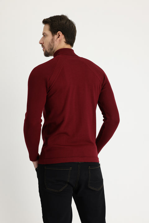 Light Burgundy Turtleneck Slim Fit Narrow Cut Patterned Cotton Knit Sweater